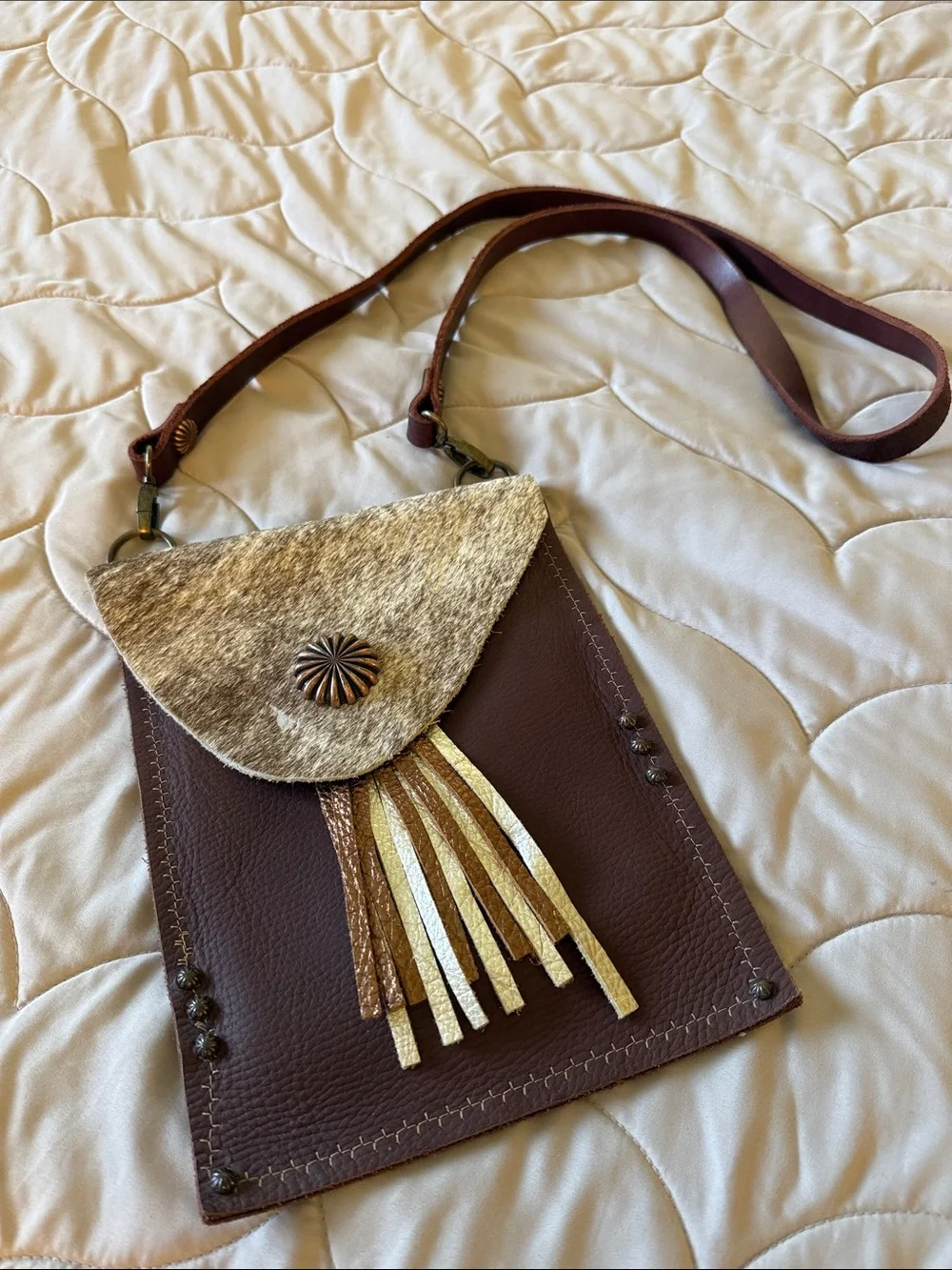 Brown Leather Crossbody Bag with Haircalf Flap and Fringe